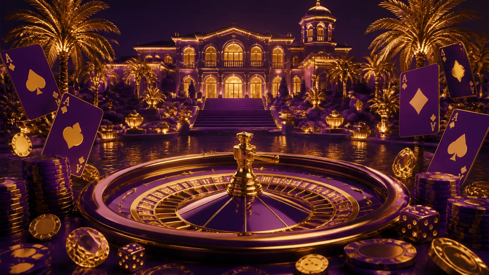 Symmetrical neon casino elements floating in zero gravity with glowing poker chips and cards